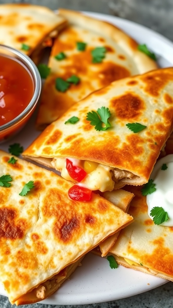 Crispy oven-baked quesadillas filled with cheese and chicken, served with sour cream and salsa.